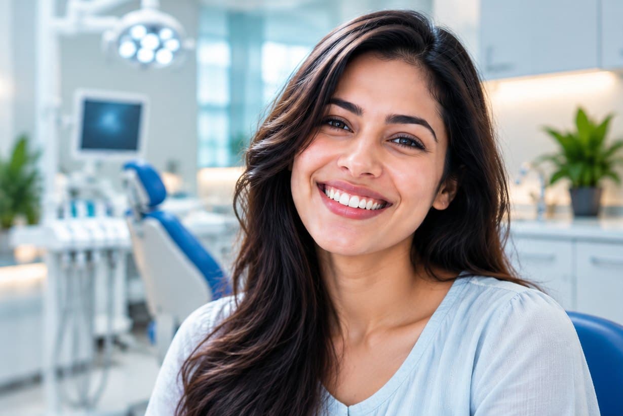 A woman with a bright, elegant smile